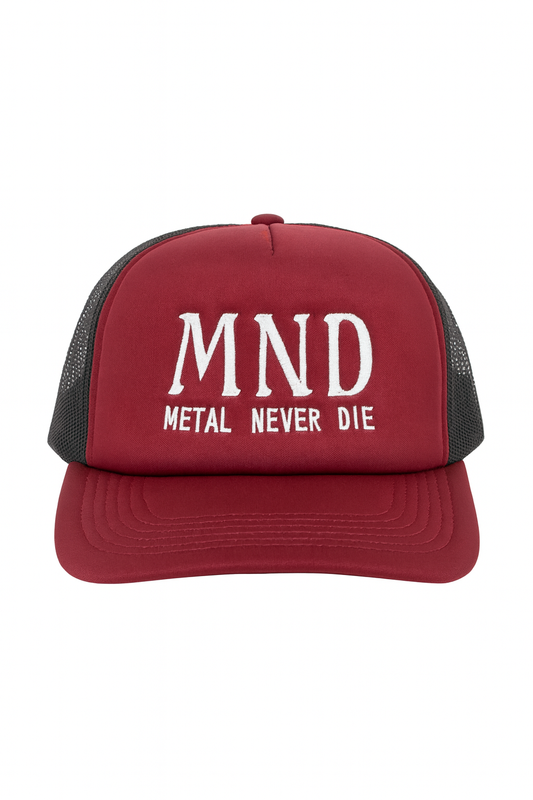 Boné Trucker Oficial MND – Metal Never Die (Preto ou Bordô)